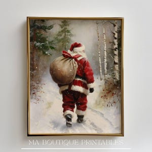 Santa Claus in Forest Christmas Painting, Vintage Santa Wall Art, Rustic Snowy Winter Scene Print, Cottage Holiday Decor Christmas Digital