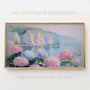 Hydrangea Coastal Cliffs Frame TV Art, Samsung Frame TV Digital Download, Summer Nautical Pastel Landscape Painting, Beach Cottage Decor