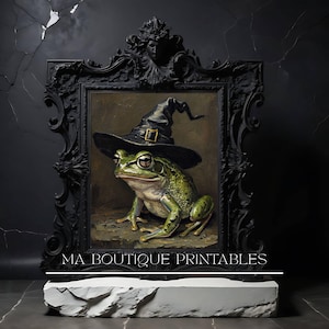 Vintage Frog Witch Painting, Ugly Halloween Frog Artwork, Gothic Amphibian Print, Dark Academia Witchcore Decor, Frog in Witch Hat Digital
