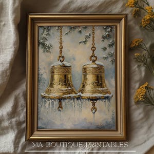 Christmas Bell Printable Wall Art, Rustic Holiday Bells Painting, Neutral Winter Farmhouse Decor, Moody Christmas Digital Download