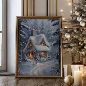 Christmas Wall Art Printable Cozy Winter Cottage, Snowy Holiday House Painting, Rustic Forest Scene Digital Download for Christmas Decor