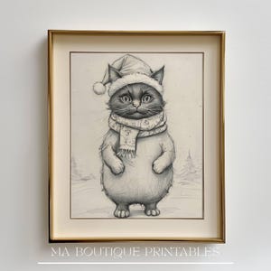 Kerst kat kunst aan de muur, gezellige vakantie dieren schets, vintage winter zwarte kat afdrukbare, rustieke kerst decor, huisdier digitale tekening