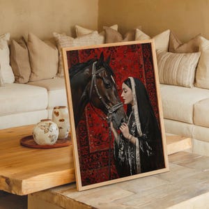 Arabian Horse Wall Art Printable, Middle Eastern Digital Decor, Ethnic Feminine Portrait, Oriental Woman Poster, Boho Cultural Download