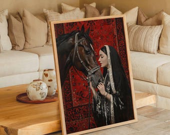 Arabian Horse Wall Art Printable, Middle Eastern Digital Decor, Ethnic Feminine Portrait, Oriental Woman Poster, Boho Cultural Download