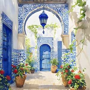 Moroccan Courtyard Wall Art, Blue Riad Doorway Digital Download ...