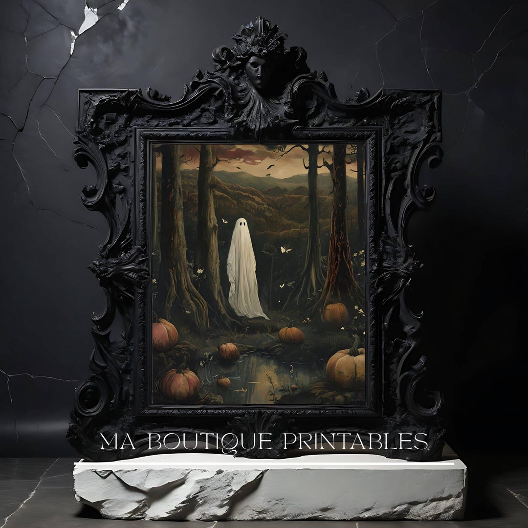 Ghost in the Forest With Pumpkins Wall Art, Moody Autumn Halloween ...