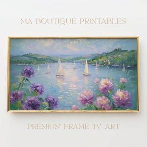Hydrangea Sailboats Frame TV Art, Coastal Summer Samsung Frame TV Digital Download, Nautical Floral Landscape Painting, Cottagecore Decor