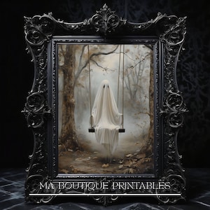 Ghost on Swing Halloween Wall Art, Neutral Spooky Forest Print, Melancholy Ghostcore Decor, Soft Gothic Fall Digital Artwork