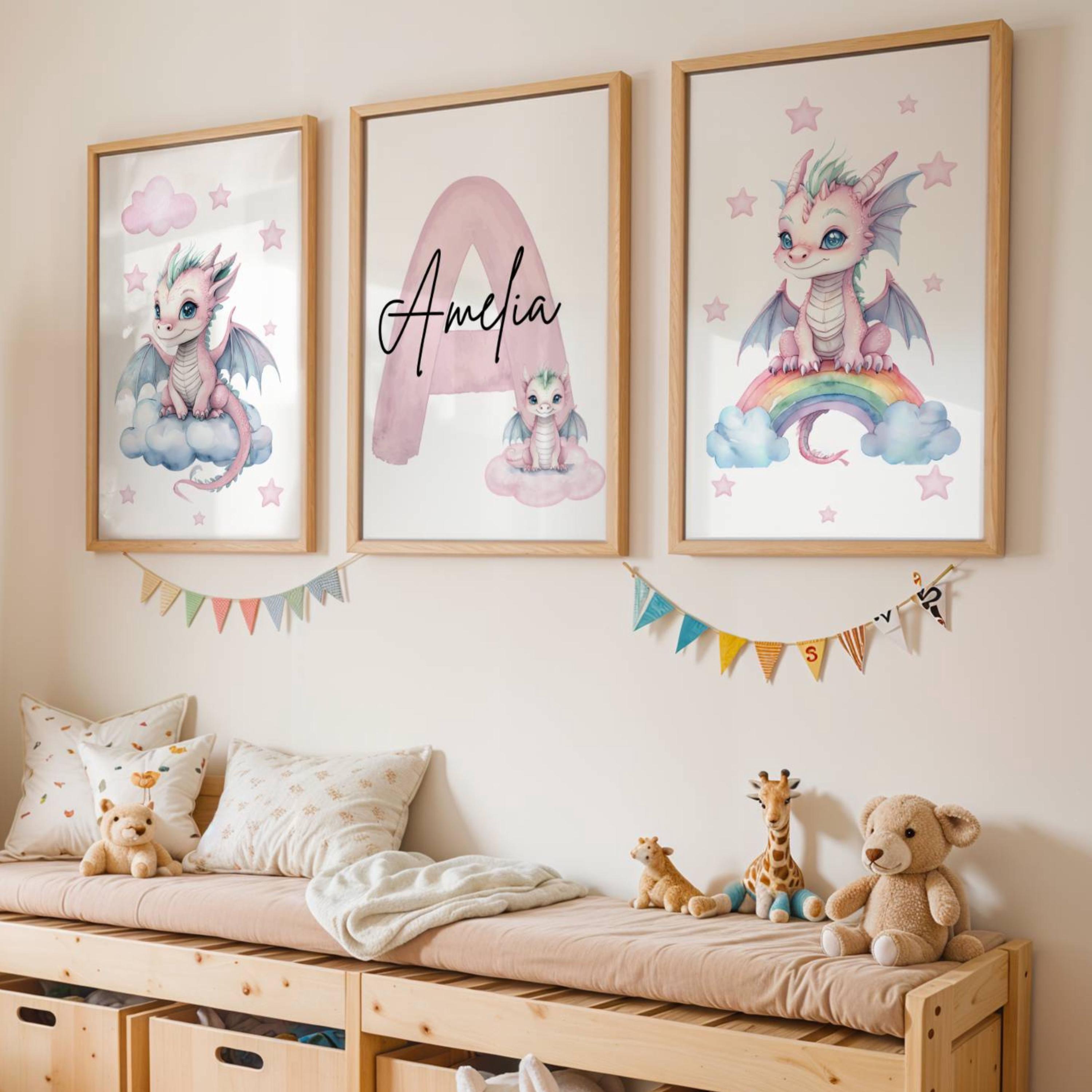 Personalized Baby Dragon Nursery Wall Art, Custom Name Prints Set of 3 ...