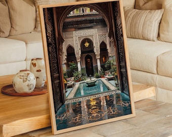 Moroccan Riad Wall Art, Islamic Architecture Print, Arabic Mosaic Tile Decor, Marrakech Courtyard Design, Moorish Pattern Digital Art
