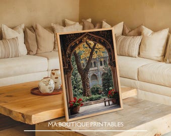 Garden Painting, Moroccan Riad Courtyard Wall Art, Islamic Architecture, Moorish Arch Digital Download