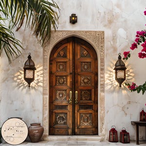 May include: A pair of intricately carved wooden doors with ornate metal handles, set within a white arched doorway. The doors are flanked by two hanging lanterns with intricate metalwork, casting shadows on the white wall.