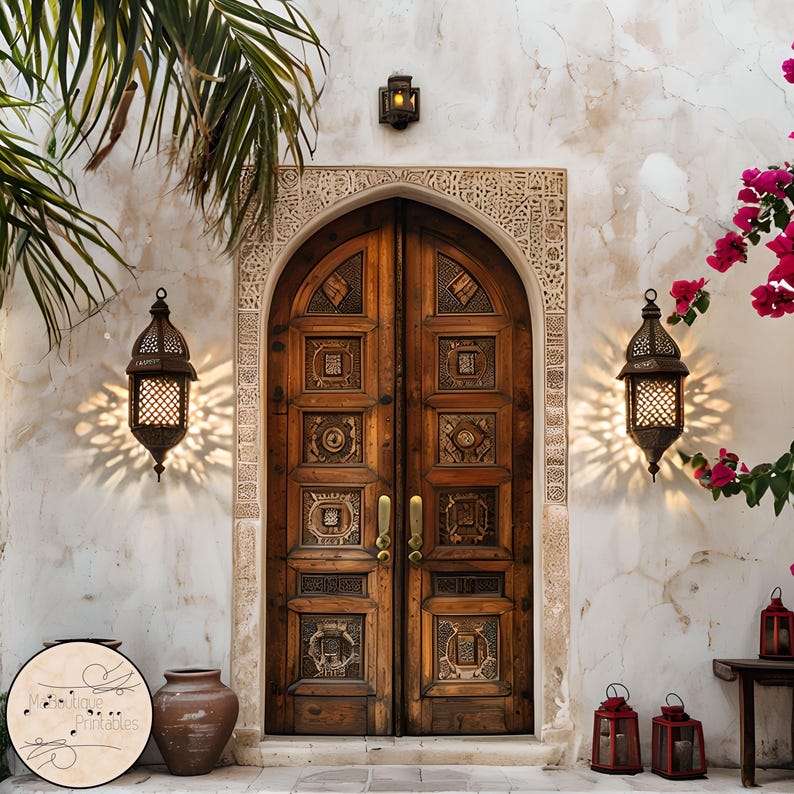 May include: A pair of intricately carved wooden doors with ornate metal handles, set within a white arched doorway. The doors are flanked by two hanging lanterns with intricate metalwork, casting shadows on the white wall.