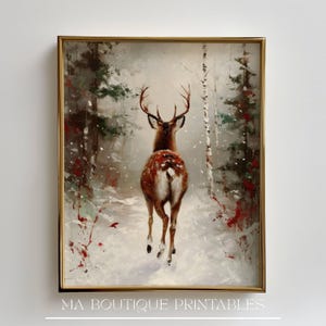 Rudolph Painting Christmas Wall Art, Vintage Reindeer Woodland Winter, Moody Snowy Forest Animal, Rustic Farmhouse Holiday Decor Download