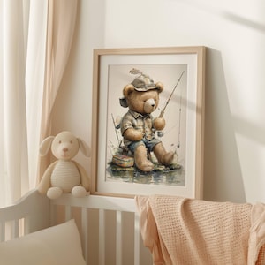 Fishing Teddy Bear Nursery Wall Art, Vintage Fisherman Kids Room Printable, Rustic Baby Boy Decor, Cute Baby Shower Gift, Digital Download