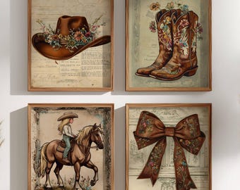 Cowgirl Nursery Prints Set of 4 Floral Western Nursery Themed Decor Rustic Nursery Decor Western Girl Room Printable Art Vintage Kids Room