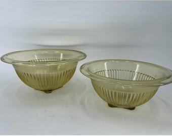 Set of 2 Federal Glass Ribbed Depression Footed Mixing Bowls - Vintage