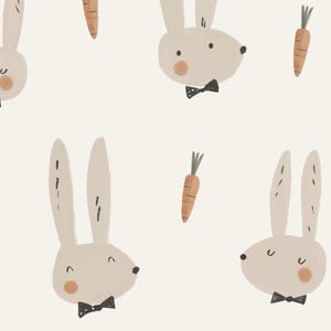 Könnte beinhalten: Ein nahtloses Muster mit Illustrationen von niedlichen Hasen, die Fliegen und Karotten auf weißem Hintergrund tragen.