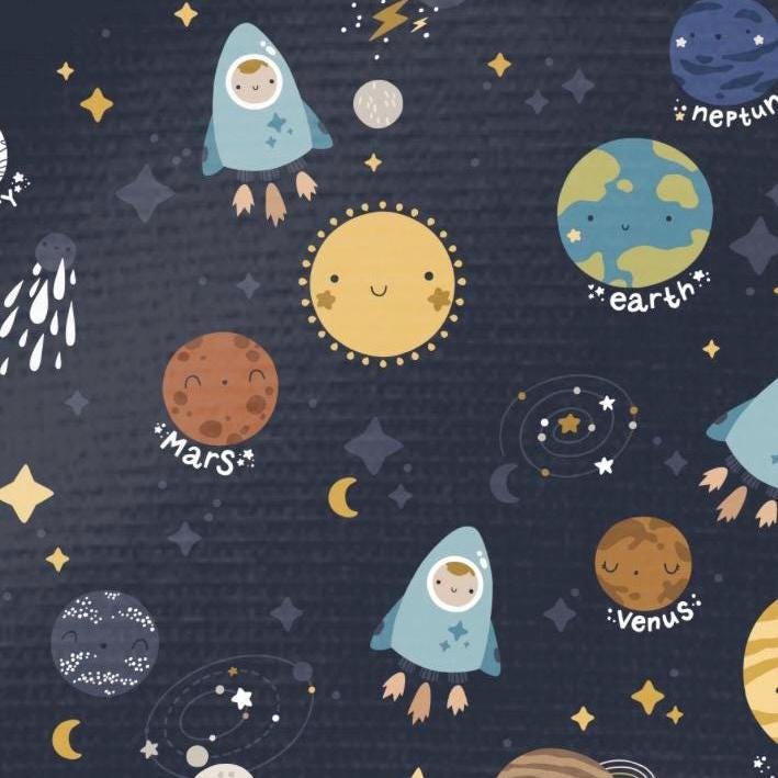 Weltraum Planeten Rakete Sonnensystem Kinderstoff Jersey Baumwolle