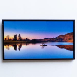 Lake Sunrise Art Print, Floating Dock, Black Metal Frame