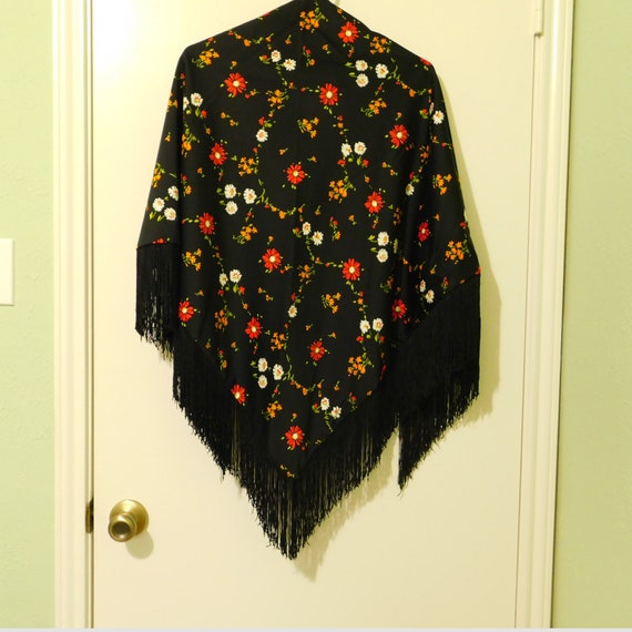 Vintage Fringed Shawl, Poncho Style Shawl, Black F