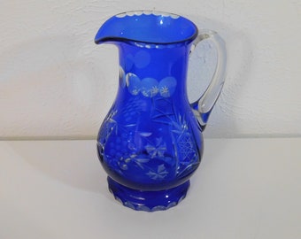 Bohemian Cobalt Blue Cut to Clear Pitcher, Vintage Lead Crystal Cobalt Blue Pitcher, Vintage Lead Crystal Pitcher