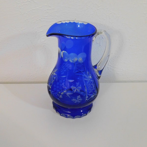 Bohemian Cobalt Blue Cut to Clear Pitcher, Vintage Lead Crystal Cobalt Blue Pitcher, Vintage Lead Crystal Pitcher