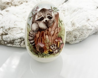 Vintage Egg Figurine, Raccoon Egg, Woodland Egg, Mouse and Toadstool, Collectible Egg