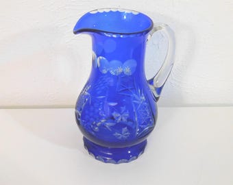 Bohemian Cobalt Blue Cut to Clear Pitcher: Vintage Lead Crystal