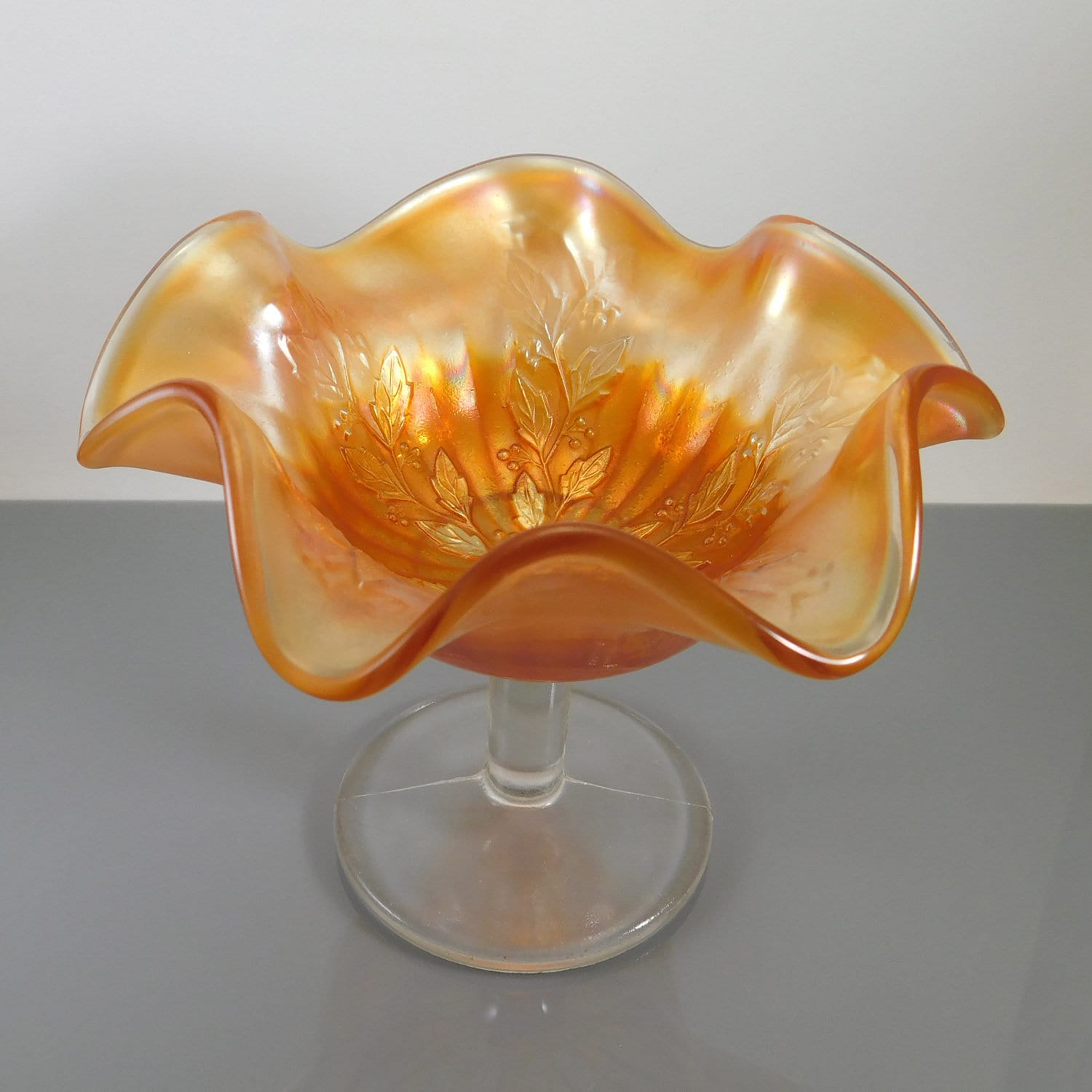 Marigold Carnival Glass, Small Holly Compote, Ruffled Carnival Glass