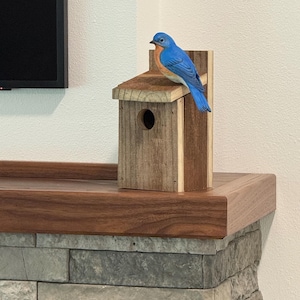 May include: A wooden birdhouse with a slanted roof and a circular entrance hole, featuring a decorative blue and orange bird figurine perched on top. The birdhouse is constructed from natural light and dark brown wood planks with visible grain.