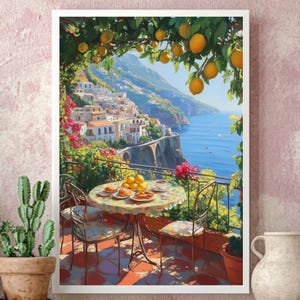 Amalfi Coast Wall Art | Positano Print | Coastal Italy Canvas Artwork | Mediterranean Lemon Terrace Art| talian Landscape Painting | CC-053