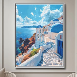 Santorini Wall Art | Greece Coastal Canvas | Mediterranean Blue Dome Print | Greek Island Decor | Travel-Inspired Home Art | CC-076