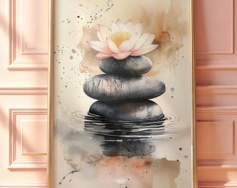 Zen Lotus Wall Art | Meditation Stones Print | Japanese Watercolor Painting | Feng Shui Decor | Mindfulness Artwork | Spa Wall Art | CC-057