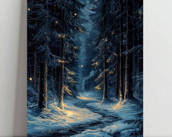 Puede incluir: Un sendero de bosque nevado con un arroyo que lo atraviesa. Los árboles están cubiertos de nieve y el sendero está iluminado por luces brillantes.