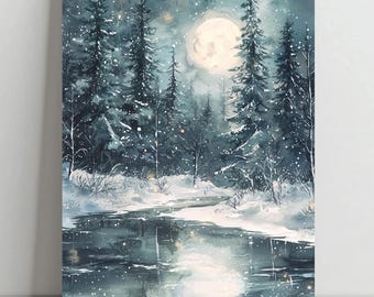 Puede incluir: Una pintura de acuarela de una escena de bosque nevado con una luna llena en el cielo. Los árboles son de color verde oscuro y la nieve es blanca. Un río o lago congelado se encuentra en primer plano, reflejando la luz de la luna.