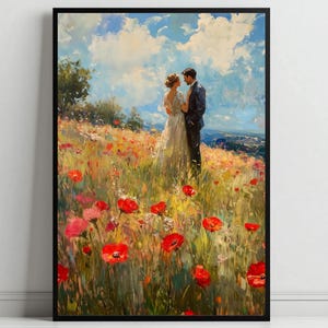 Romantic Couple Painting | Vintage Bridal Wall Art | Love Story Artwork | IGift for Her | Lovers in Poppy Field Canvas | CC-038