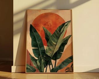 Lámina artística de atardecer con hojas tropicales / Decoración moderna estilo boho para el hogar