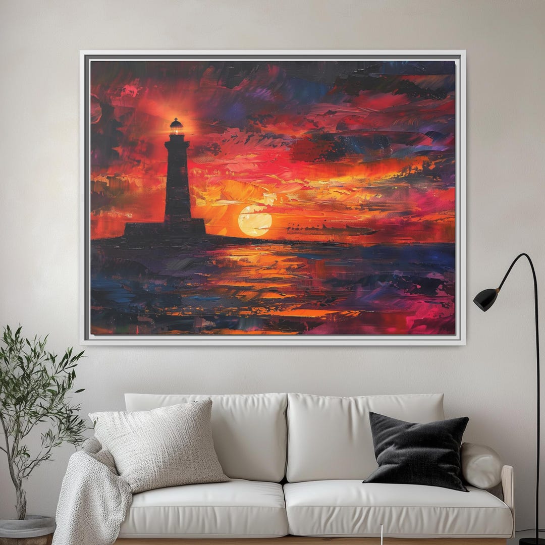 Coastal Wall Art | Lighthouse Sunset Canvas | Nautical Painting Print ...