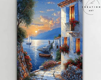 Toile coucher de soleil méditerranéen | Décoration murale bord de mer sur la côte italienne