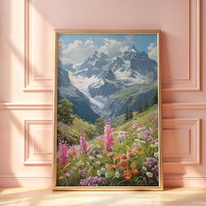 Mountain Wall Art | Wildflower Meadow Canvas | Floral Landscape Painting | Alpine Nature Print | Rustic Home | Extra Large Art | CC-095