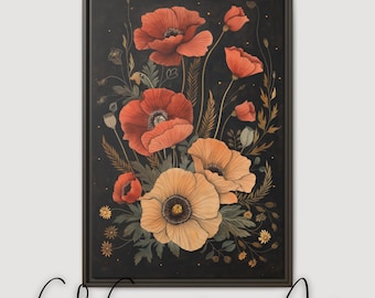 Lienzo estampado de amapolas melancólicas / Arte de pared botánico vintage, decoración boho
