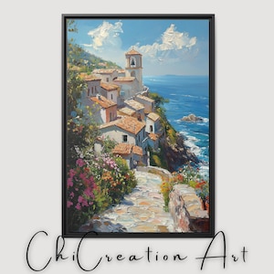Italian Coastal Village Canvas Print | Floral Seaside Painting