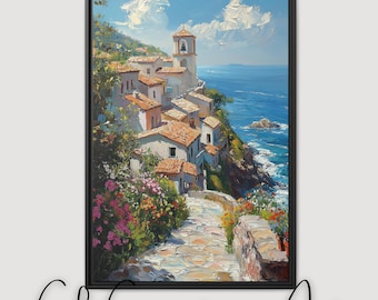 Pode incluir: Uma pintura de uma aldeia costeira com edifícios brancos e telhados de terracota. A aldeia está construída num penhasco com vista para um mar azul. A pintura é feita num estilo pictórico com pinceladas visíveis.