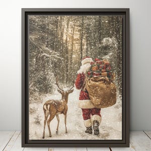 Vintage Santa and Reindeer Wall Art – Rustic Christmas Print for Holiday Decor, Winter Wonderland Artwork, Cozy Christmas Canvas Wall Decor