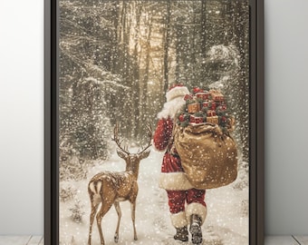 Vintage Santa and Reindeer Wall Art – Rustic Christmas Print for Holiday Decor, Winter Wonderland Artwork, Cozy Christmas Canvas Wall Decor