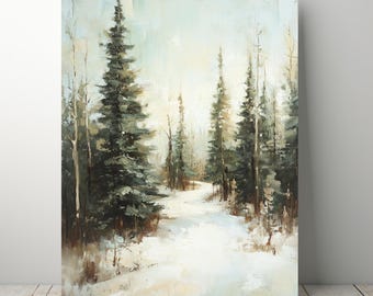 Vintage Christmas Wall Art | Winter Forest Wall Art | Framed Pine Tree Canvas | Snowy Pine Landscape | Extra Large Rustic Decor | CC-027