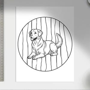 Pode incluir: Ilustra&ccedil;&atilde;o em preto e branco de um labrador retriever sentado dentro de um c&iacute;rculo com um fundo listrado.