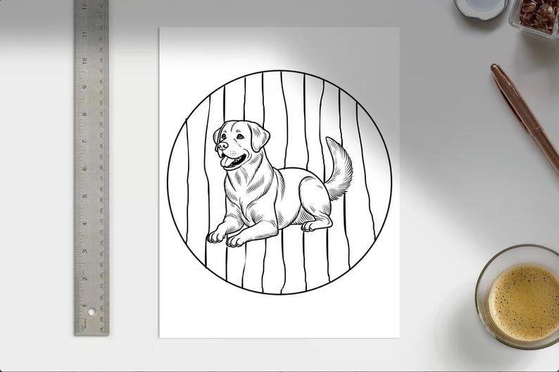 Pode incluir: Ilustra&ccedil;&atilde;o em preto e branco de um labrador retriever sentado dentro de um c&iacute;rculo com um fundo listrado.