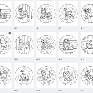 Pode incluir: Um conjunto de 20 ilustra&ccedil;&otilde;es em preto e branco de c&atilde;es em v&aacute;rias poses, cada uma dentro de uma moldura circular. As ilustra&ccedil;&otilde;es s&atilde;o adequadas para colorir.